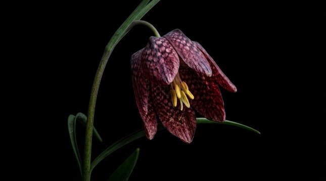 Macro shot of a purple checkered snake's head fritillary flower (Fritillaria meleagris) isolated on a black background.