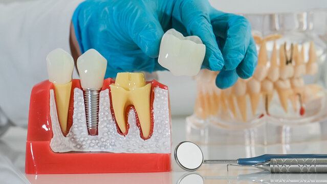 A dentist wearing sterile gloves holds an anatomical model with dental implants. Dental implant placement methods and types: endosteal and subperiosteal