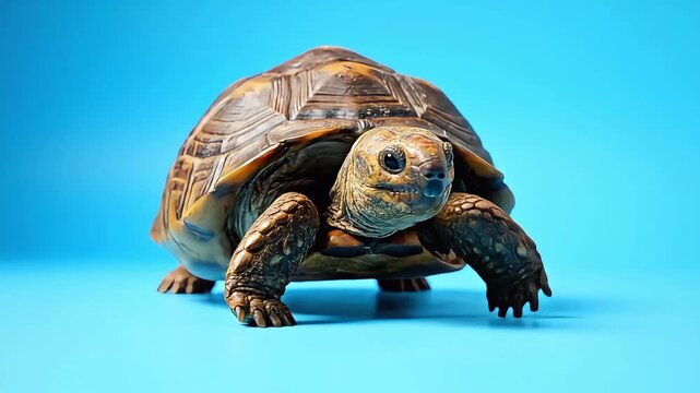 Small tortoise walking slowly on a blue background in a studio setting with a brown textured shell and scaly skin looking towards the camera lens