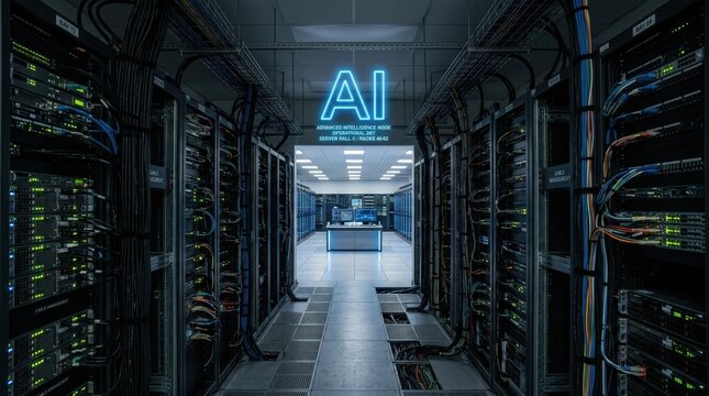 AI powered data center Mirrored racks equipped with backup markers and diagnostic nodes for continuous system