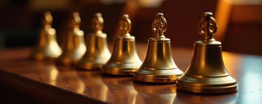 Gleaming handbells arranged on polished wood table, ready for concert , musical score, refined