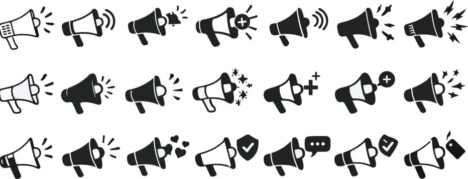 Modern megaphone icon set featuring outline and solid versions emitting sound for alerts and announcements
