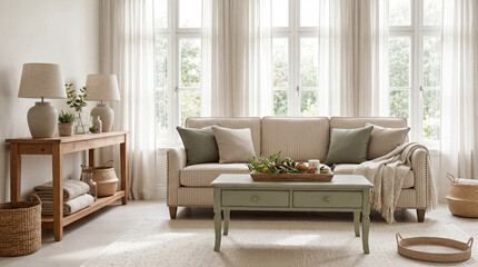 Fototapeta premium Bright Minimal Living Room with Sofa and Soft Natural Light