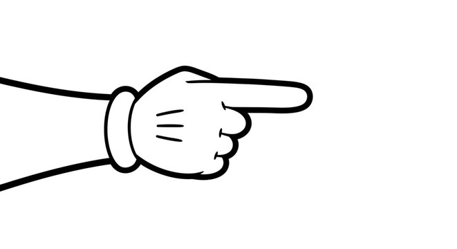 Playful Cartoon Hand in White Glove Pointing Finger Right, Isolated White Background.