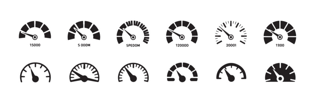 Speed measurement icons dashboard tachometer gauges with numeric values isolated on white background