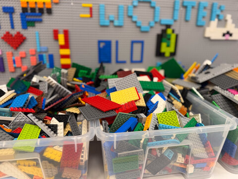 Bins of colorful lego plates