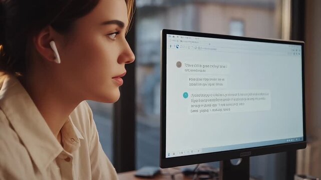 Latina woman in home office multitasking with AI assistant on computer and phone call