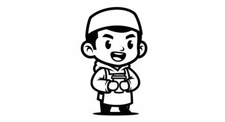 Fototapeta premium Muslim Boy Wearing Kufi Holding Coffee Cup Black and White Line Art