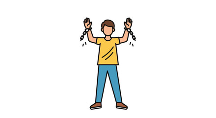 Fototapeta premium Vector illustration of a person breaking free from metal chains, symbolizing liberation, overcoming obstacles, achieving personal freedom, and escaping constraint with determination and strength