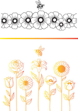 Two floral vector designs with bees. Top: a row of black line-art blossoms. Bottom: a garden of orange-to-yellow gradient flowers including a rose, lily, tulip, and sunflower on long stems.