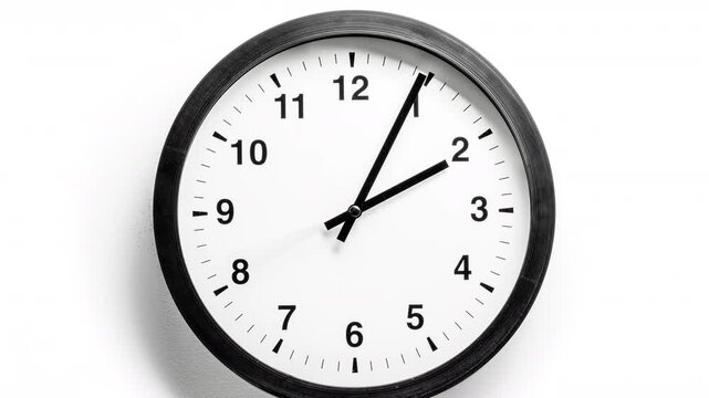 Time lapse video of classic black and white wall clock hands against white wall background. A symbol of the transience of time and life.