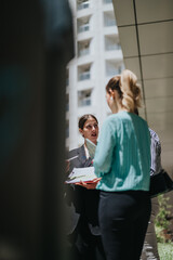 Obraz premium Two businesswomen review documents and talk outside a modern office building. A professional collaboration scene with colleagues discussing a project.