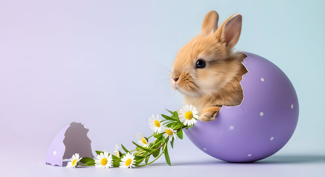 A cute bunny emerging from a speckled purple easter egg with daisies