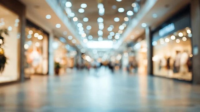 Blurred background of a modern shopping mall with bokeh lights.