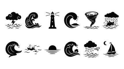 Naklejka premium Ocean sea storm disaster vector icons black set natural weather elements
