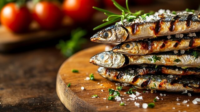 Perfectly grilled sardines stacked with herbs and salt