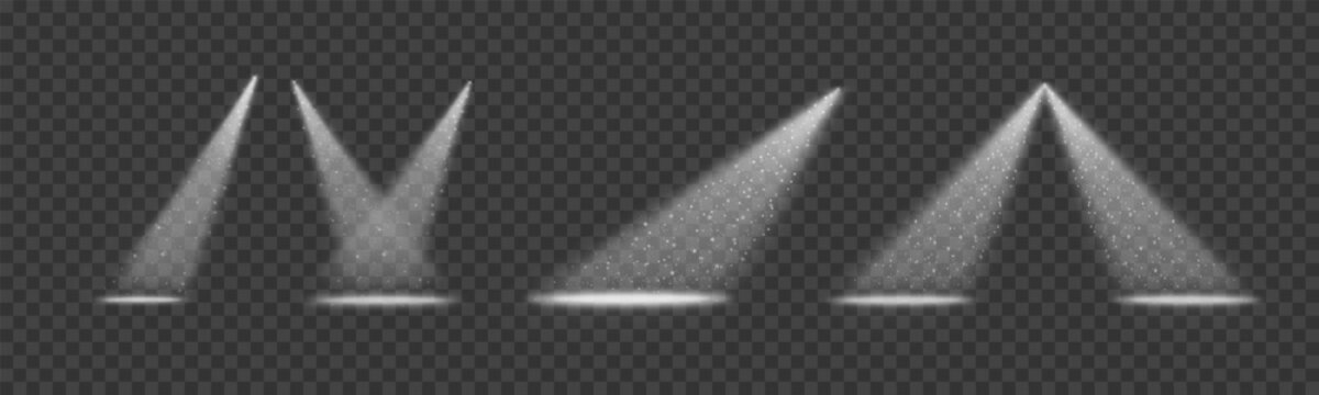Spotlight with twinkling stars, magical lighting, theatrical stage lighting, concert hall lighting, a show against a transparent backdrop. Vector illustration.