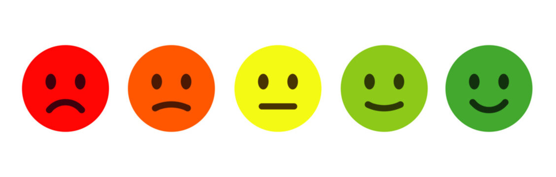 Colorful feedback emoji faces, emoticons ranging from happy to sad, for surveys, rating systems, user feedback, and UI elements as a rating scale or for collecting feedback on satisfaction and mood