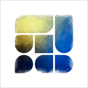 Solid shapes fragments rigid geometry and fluid, organic textures, yellow blue 003