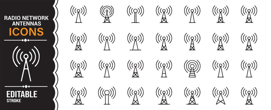Modern signal tower icon collection featuring broadcast and telecom symbols in outline style