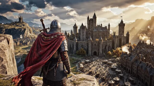 Medieval knight overlooking castle at sunset
