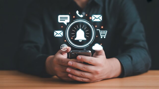Man holding smartphone with glowing notification icons symbolizing digital alerts and online communication over a desk