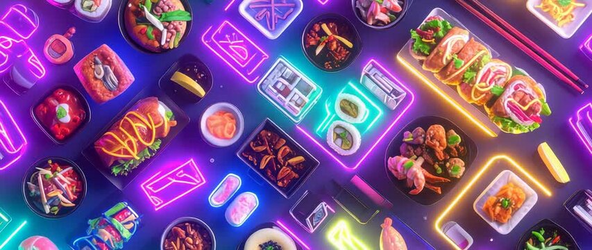 Food Delivery And Asian Cuisine Concept Tiled Pattern Of Sushi Noodles And Other Dishes With Neon Lights Overhead.