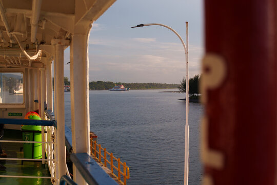 Ferry departing from Kayangan Port, Lombok with view of hills and sea towards Poto Tano, Sumbawa