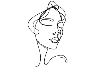 Line Art Woman Profile Portrait.  One Continuous Outline Romantic Female Face Character Avatar. Minimalist Hand Drawn Stylized Curve Wavy Girl Sketch. Elegant Vintage Bride Person Editable Thin Stroke © Silkyinky