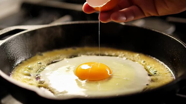 Cracking egg hot frying pan on stove