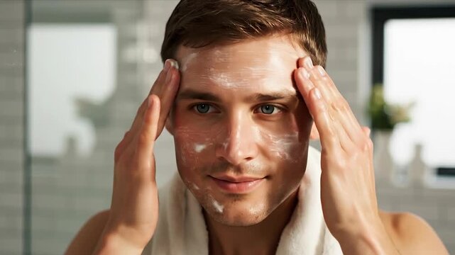 Caucasian male applying facial cleanser to his skin in a bright bathroom, with a towel around his neck and a mirror reflecting the clean, modern interior