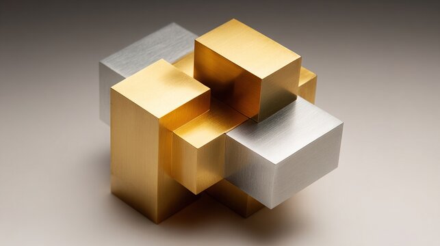 assemblage. A sculptural assemblage of interlocking brass and steel geometric shapes on a grey background. product launch decks, UI/UX mockups, designed for product launches and innovation pitches.