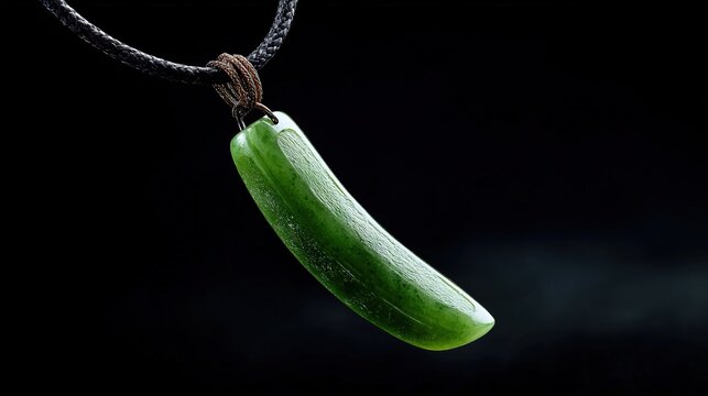 siderite. A slender green jade pendant shaped like a silique on a dark background. event programs, museum guides, designed for cultural heritage projects and event programs, used by fitness trainers.