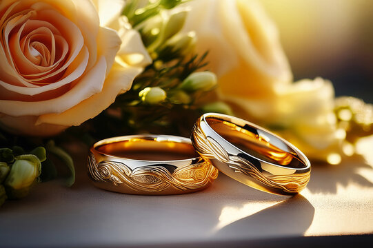 Zwei goldene Eheringe und Blumenstrau&szlig;