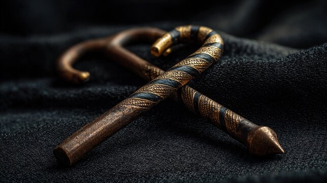 flail. Ancient Egyptian crook and flail crossed on black velvet, ceremonial artifacts. event programs, museum guides, designed for cultural heritage projects and event programs.