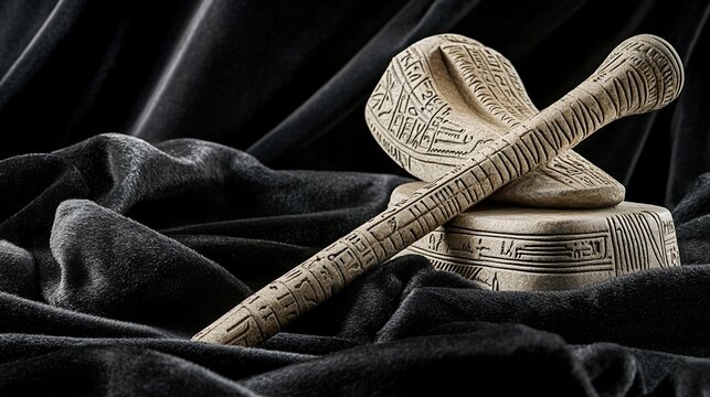 flail. Ancient Egyptian crook and flail crossed on black velvet, ceremonial artifacts. event programs, museum guides, designed for cultural heritage projects and event programs.