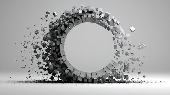 disintegration. A complete circle breaking into irregular fragments, geometric decomposition process. STEM education sheets.