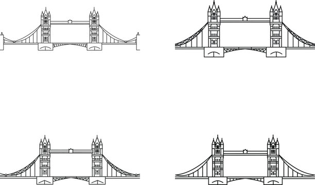 Set of tower bridge illustrations, london landmark, sketch style, different angles