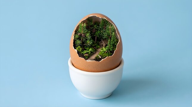A surreal scene of moss growing inside a cracked eggshell on a blue surface
