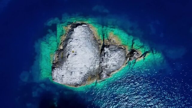 Aerial top down drone view of isolated rocky islet surrounded by clear turquoise sea creating striking natural pattern in Aegean waters near Greece
