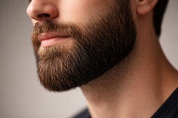 Fototapeta premium Close-up profile of a man well groomed beard and jawline, showing texture and detail
