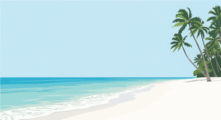 Fototapeta premium Idyllic vector cartoon illustration of tropical beach with tall palm trees white sand and clear sea
