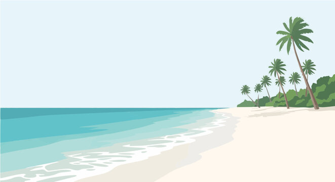 Paradise vector cartoon illustration of palm lined beach with turquoise ocean and distant mountains