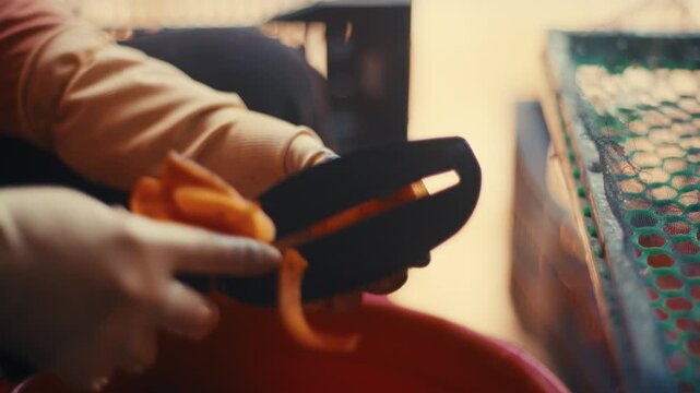 Gloved worker carefully peels a ripe persimmon with a knife over a red bowl, food preparation scene.