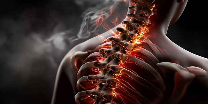 Closeup of male back featuring fiery cervical nerves and pronounced thermal skin textures