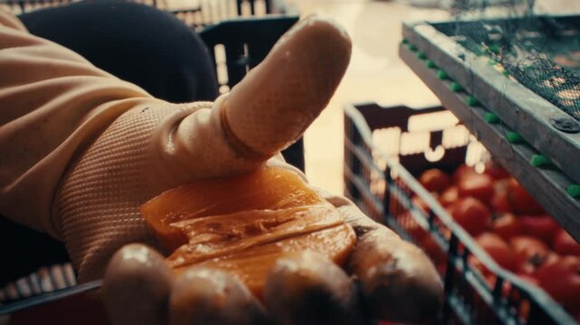 Gloved farmer slices a ripe persimmon by hand at a busy outdoor market stall, fresh juice visible.