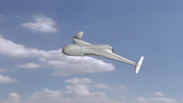 Lone Kamikaze Drone Shahed 136 Flying Past Camera on Blue Sky Cloud Background. Close-up detailed 3d animation. UAV Unmanned Aerial Vehicle. Modern Warfare in the Air.