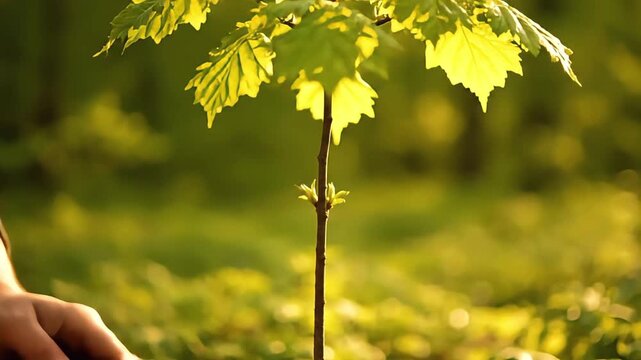 Hands planting young tree sapling in rich dark soil during golden hour sunlight in a lush forest to promote ecology and environmental conservation