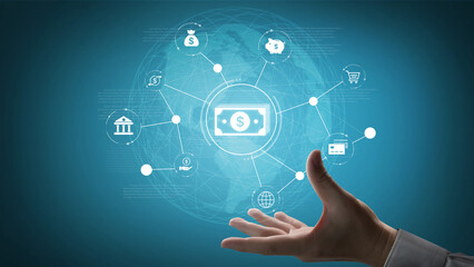 A fintech concept showing a network of digital banking services. This includes secure online...