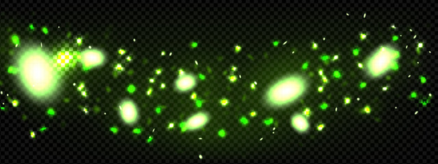 Obraz premium Green firefly and particle dust forest background. Magic glitter for fairy overlay. Bokeh glow pattern with glowworm burst below. Emerald bug shine png decoration. Toxic and poison energy fly